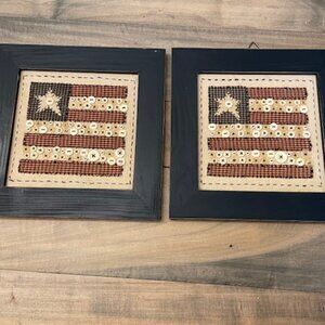 2 handmade wood framed button art décor pieces featuring a flag design 10" x 10"
